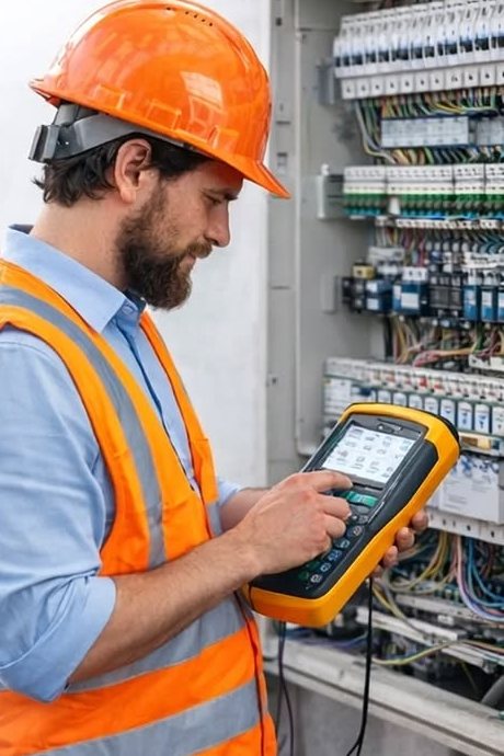 Engenheiro da Ampli fazendo medição com analisador em quadro elétrico