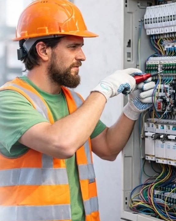 Engenheiro da Ampli Engenharia trabalhando em quadro elétrico